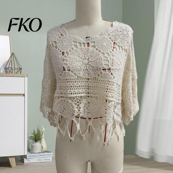 Spring Autumn Layering Top Women Crochet Tops, Round Neck 3/4 Flared Sleeves Cover Up, Hollow Lightweight Knit Blouse Sun Protection
