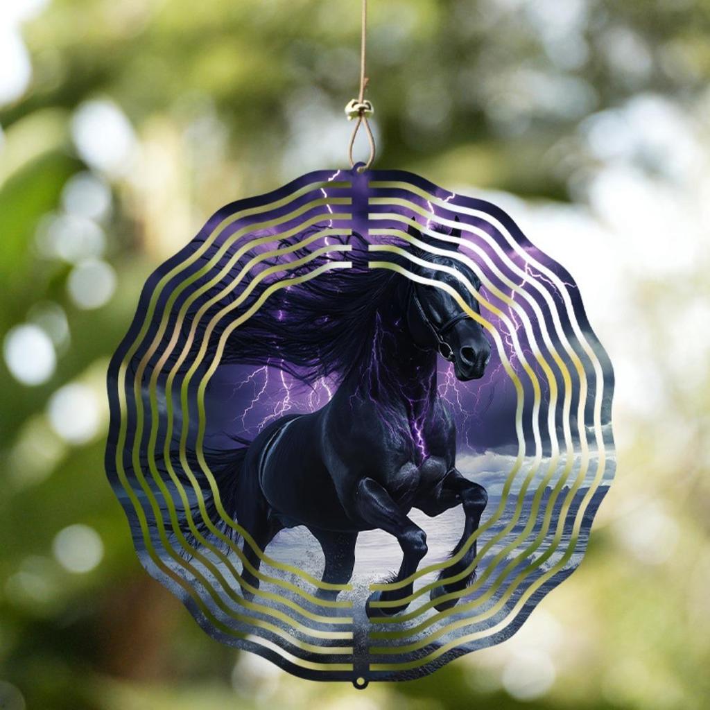 10-Inch Black Horse Wind Spinner - 360° Rotating Metal Garden Art, Outdoor Wind Chime Decor with Rust-Proof Hook for Yard, Patio, or Door Hanging