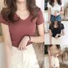 Women's Summer V-neck Short Sleeve Slim Solid Color Tops Knit Tops T-Shirt