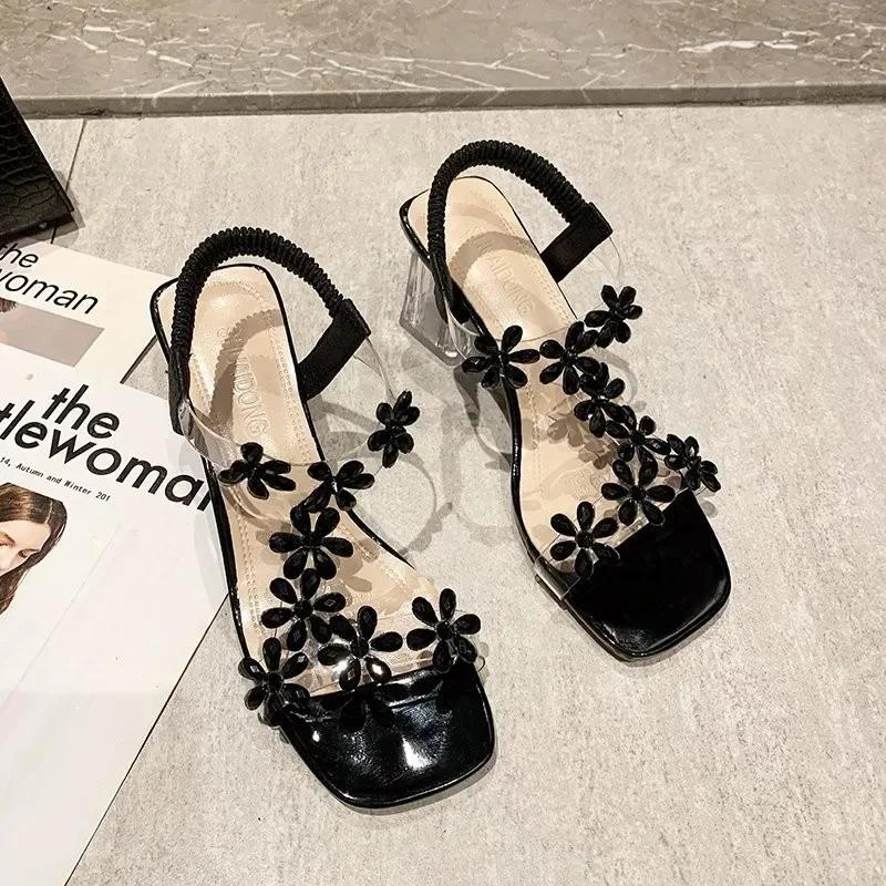 Модные прозрачные акриловые босоножки на высоком каблуке с кристаллами и цветком в форме буквы Т, модные женские босоножки 2024 года, горячая распродажа, туфли-лодочки с квадратным носком для женщин