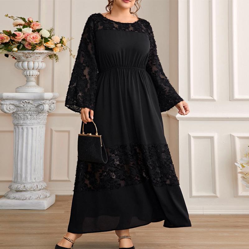 Women's Plus Size Slim Temperament Sexy Lace Dress French See Through Midi Dress