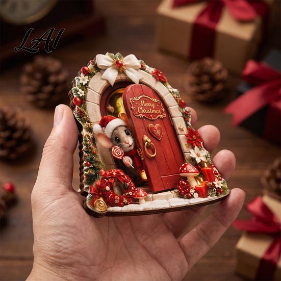 Christmas Themed Craft Wooden Miniature Fairy Door 2D Flat Cute Mouse Cat Santa Holiday Door Ornament Snowman Tiny Decoration for Wall Decor,