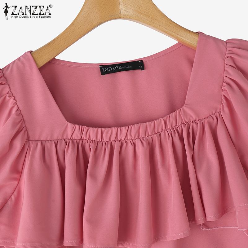 ZANZEA Женская повседневная летняя блузка с квадратным вырезом и короткими рукавами и оборками