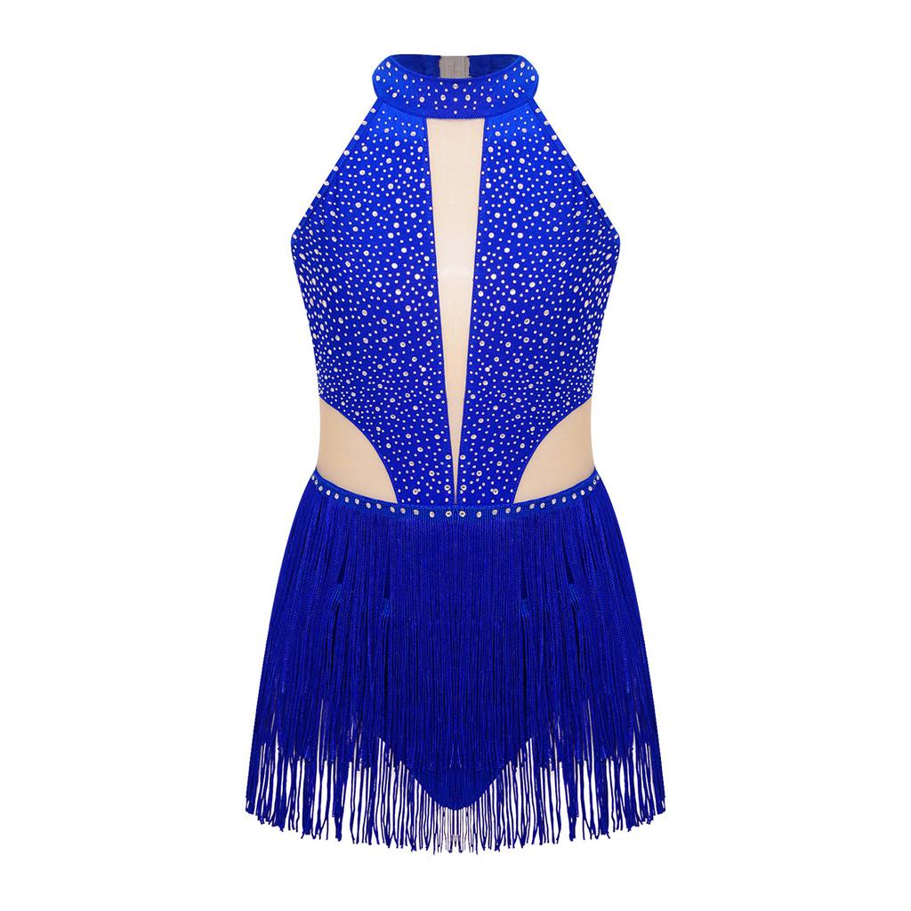 Боди для танцев для девочек со стразами, без рукавов, с открытой спиной и бахромой для выступлений и соревнований по латиноамериканским танцам