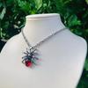 Gothic Punk Sliver Simulation Spider Insect Red Oval Crystal Pendant Necklace for Women Men Hallowmas Jewelry Accessories