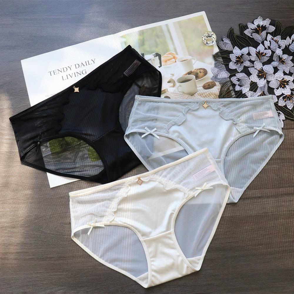 Women's Simple Breathable Sexy Satin Patchwork Mesh Low Waist Comfortable Antibacterial Briefs Underwear