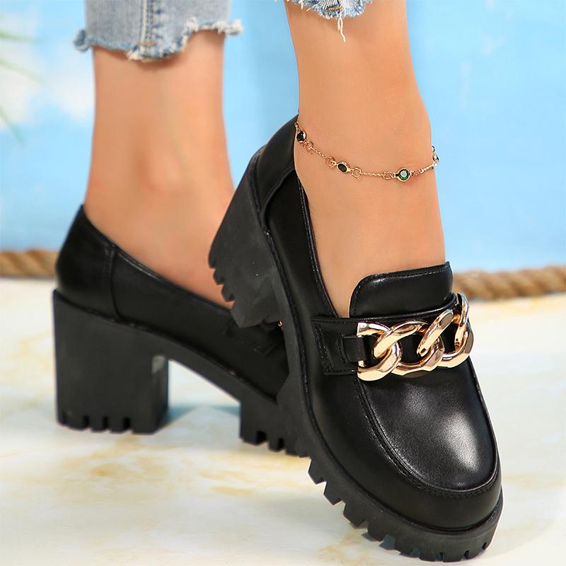 Модные туфли на высоком каблуке с цепочкой, женские туфли-лоферы, кожаные туфли на толстом каблуке, модные туфли для ходьбы, женские туфли-лодочки 2024 года, элегантные туфли-лодочки Zapatillas, женские