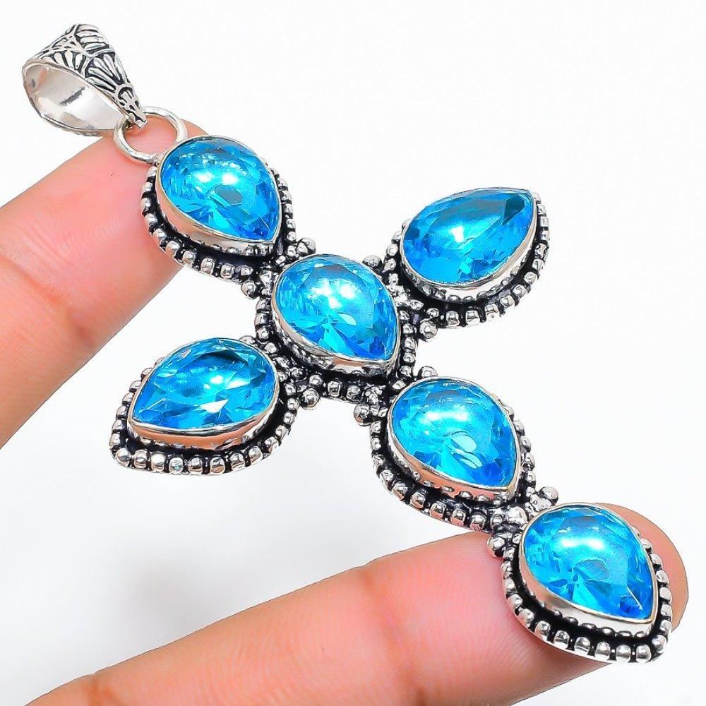 Blue Topaz Gemstone Handmade 925 Sterling Silver Jewelry Pendant 3.47" R2f33