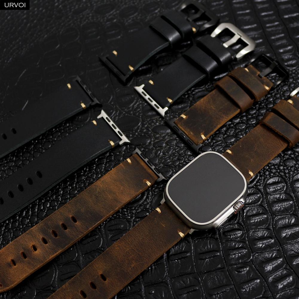 Apple Watch Ultra 2 Series 10 9 8 7 6 SE 54 Vintage Crazy Horse Fine Leather Strap for iWatch Pin V Stitches 49mm