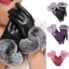 Women Winter Gloves Faux Rabbit Fur PU Leather Touch Screen Mittens Lady Female Outdoor Driving Warm Gloves
