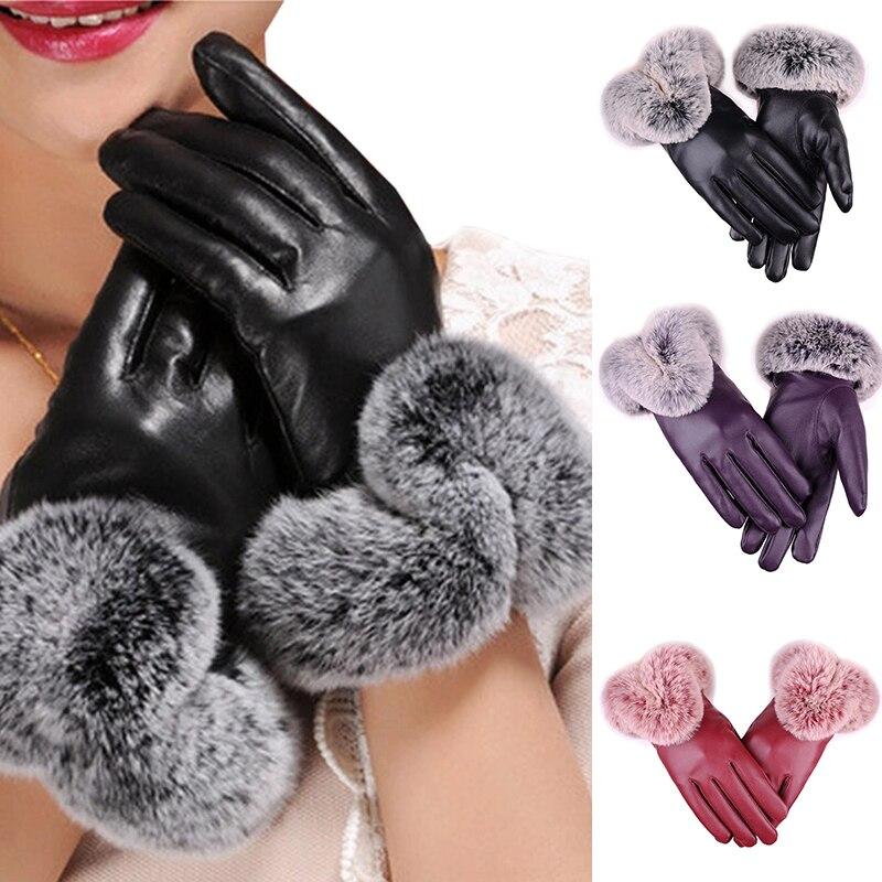 Women Winter Gloves Faux Rabbit Fur PU Leather Touch Screen Mittens Lady Female Outdoor Driving Warm Gloves