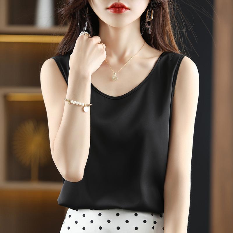 Satin Silk Vest Summer Women's Vest Pullover Short Top Sleeveless Vest Round Neck Solid Color Camisole