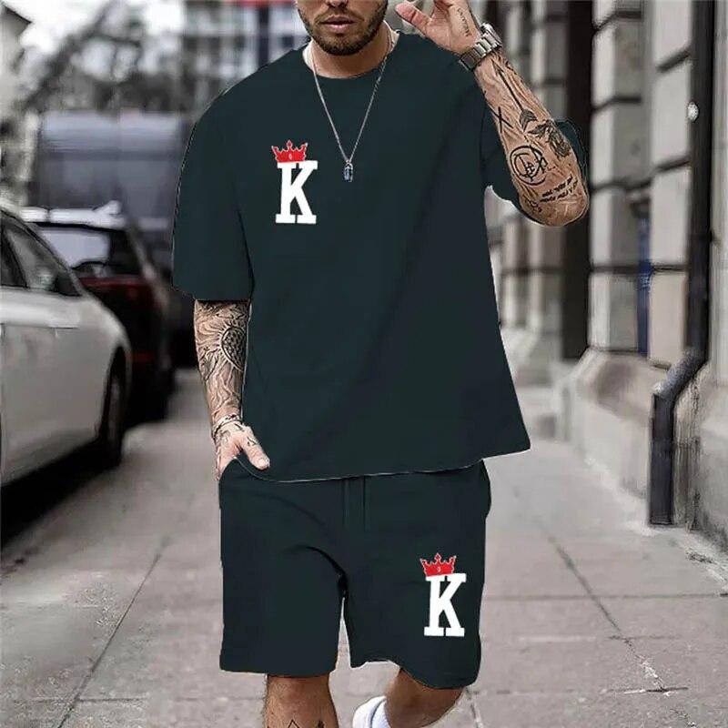 Летняя шикарная повседневная одежда, мужская футболка с принтом Crown K и шорты, комплект из двух предметов, модные шорты с короткими рукавами для мужчин