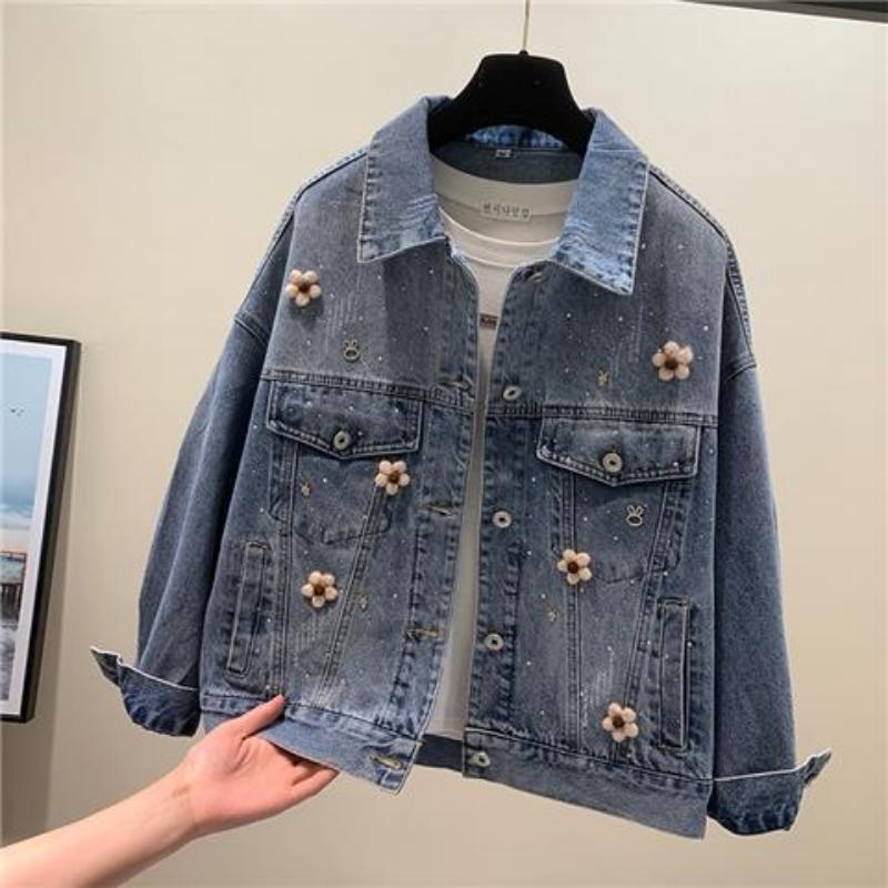 Spring Denim Coat Women's Wool Flower Vintage Hot Diamond Denim Jacket Short Work Top