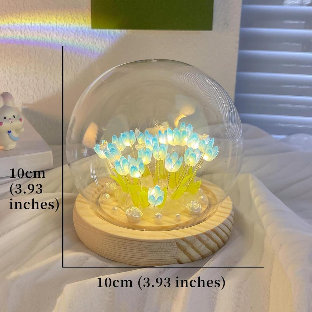 Tulip LED Night Light – Decorative Glass Table Lamp with 10 Artificial Flowers, Soft Glow for Bedroom, Living Room, Birthday & Gifts