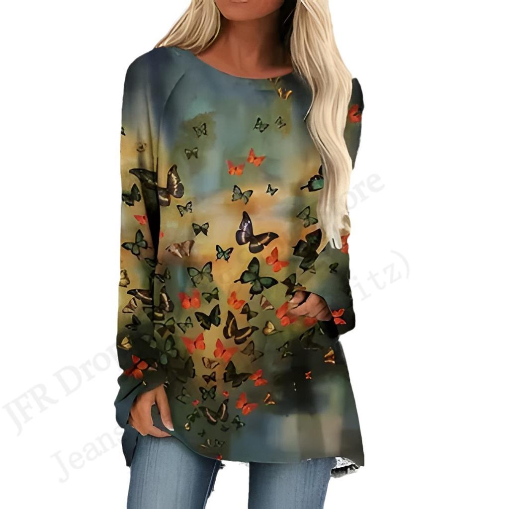 2025 Новая модная футболка с длинным рукавом, винтажный узор, 3D-принт, футболка для женщин, повседневная длинная футболка с круглым вырезом, женская верхняя одежда