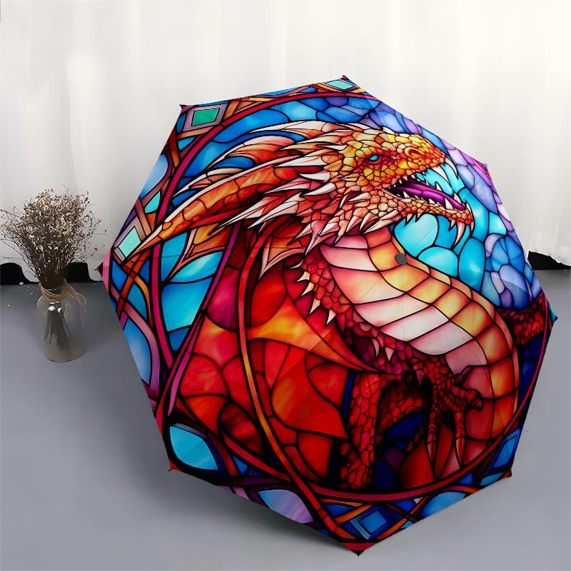 Stained Dragon Wall Art: Vibrant Fantasy DecorUmbrella, Portable 3-Fold Compact Umbrella,Christmas Gift ES513
