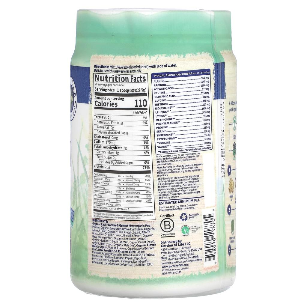 Garden of Life Raw Organic Protein and Greens, Plant-Based Formula, Vanilla, 19.40 Oz (550 G)