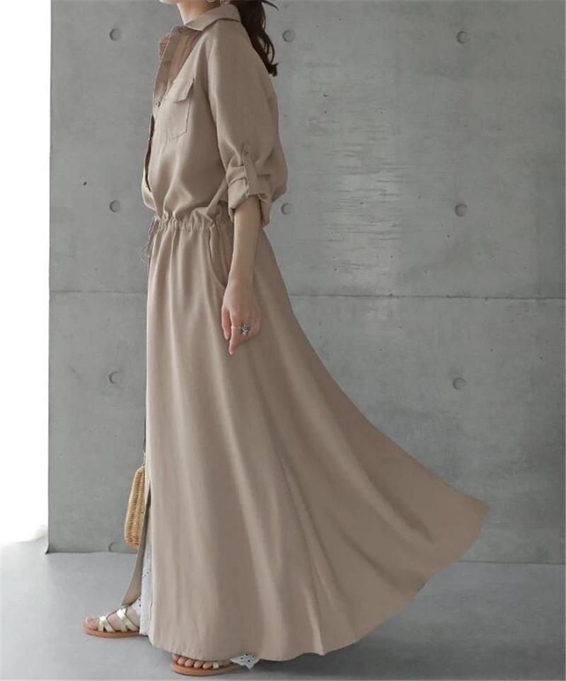 Женское весенне-осеннее платье-макси рубашечного кроя с отложным воротником - Длинный рукав, Однотонное, Повседневное