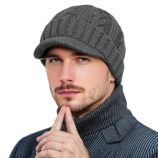 Short Brim Knitted Hat for Men Winter Warm Fleece Lined Thick Cable Knit Cuff Hat Soft Slouchy Skull Cap for Outdoors