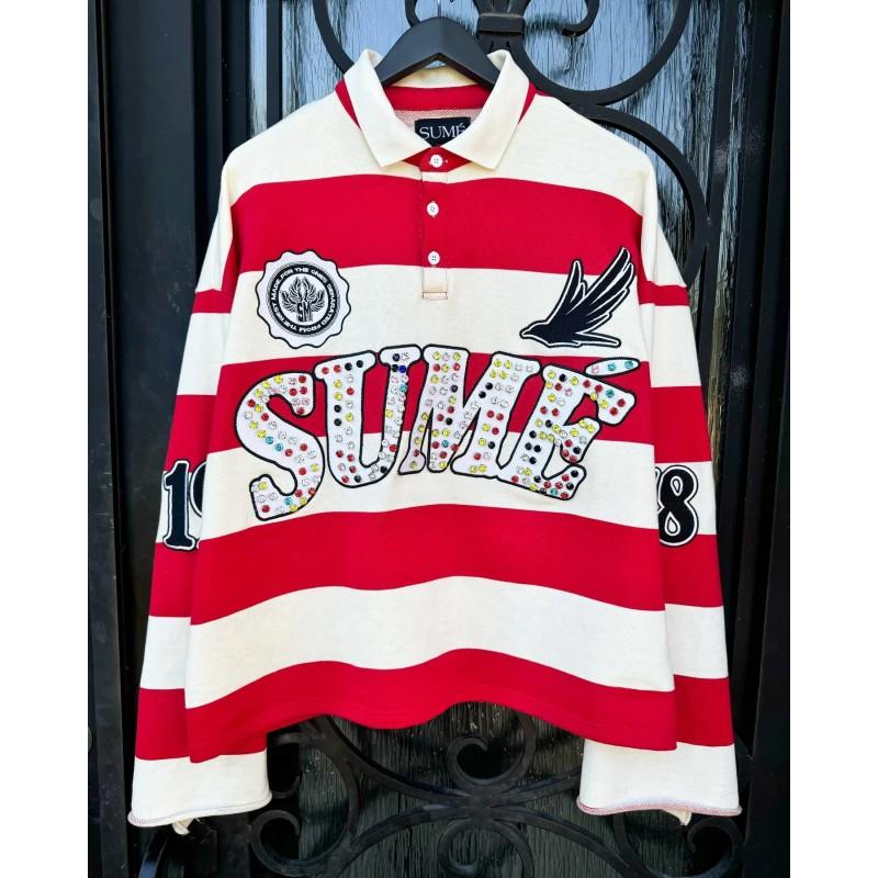 Mens Y2K Striped Polo Shirt Long Sleeve Embroidered Rhinestone Casual Streetwear
