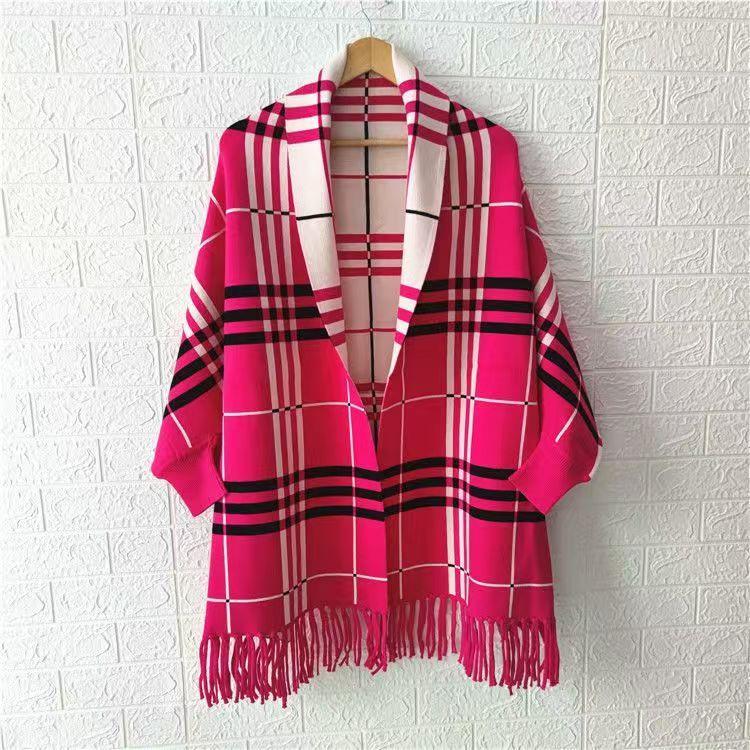 Autumn and Winter Swearer Shawl Dual Purpose Checkered Knitted Sleeve Coat for Women Thickened Tassel Bat Sleeve Cloak