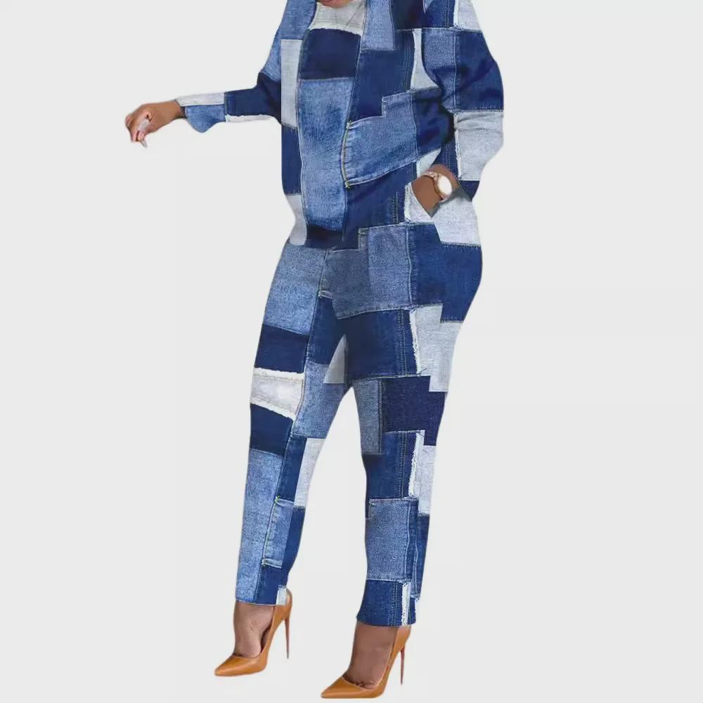 European and American Women's Long-Sleeved Printed Trousers Two-Piece Suit