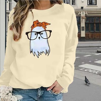 Топы для женщин, простые очки, призрачный принт, круглый вырез, длинный рукав, футболка, осенний повседневный тонкий пуловер, женский топ с длинным рукавом