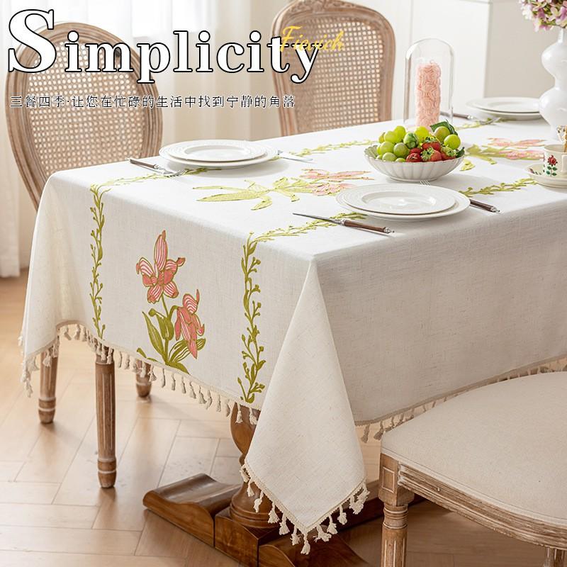 Embroidered Linen-Style Tablecloth With Tassels Dining Table Decor Modern Inspired Home Kitchen