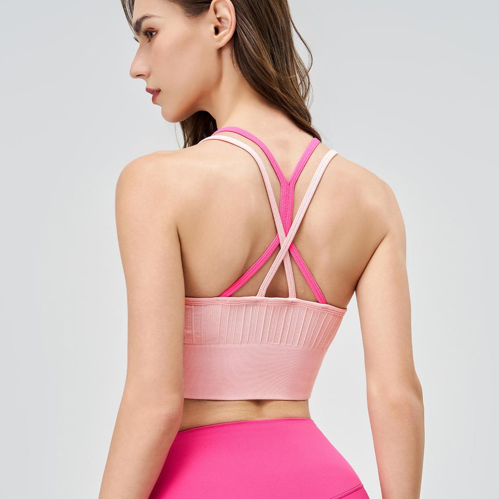 Women's Color Blocked Shockproof Sports Bra One Piece Summer Yoga Running Fitness Cross Back Vest