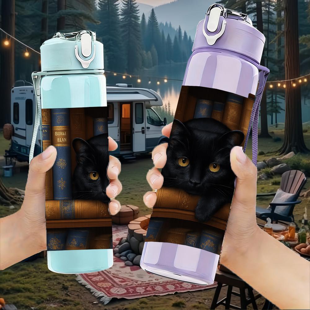 1PC Black Cat Book Stack Scene 750ml Color Plastic Sports Water Bottle Leakproof Flip Straw Lid For Sports Office Home Use