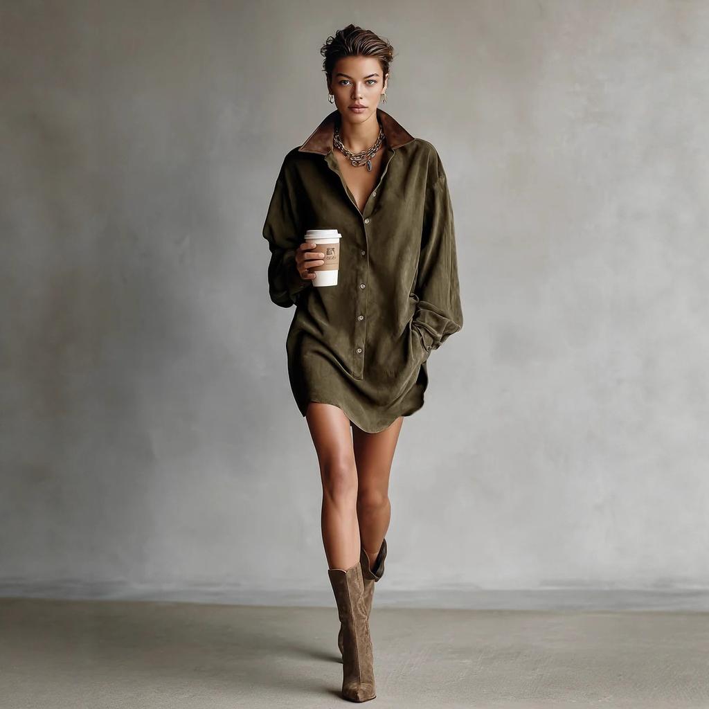 Женская замшевая оверсайз рубашка-платье с воротником, повседневная, свободного кроя, мини-платье с контрастными деталями