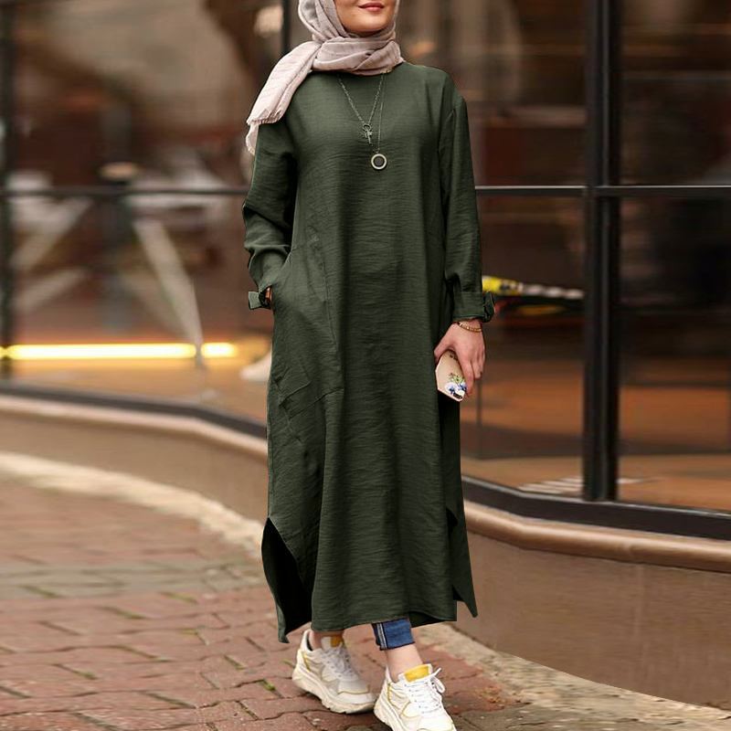 Womens Muslim Dress Islamic Clothing Long Sleeve Shirt Round Collar Solid Color Maxi Dresses Casual Pocket Musulman DubaiKaftan Robe Plus