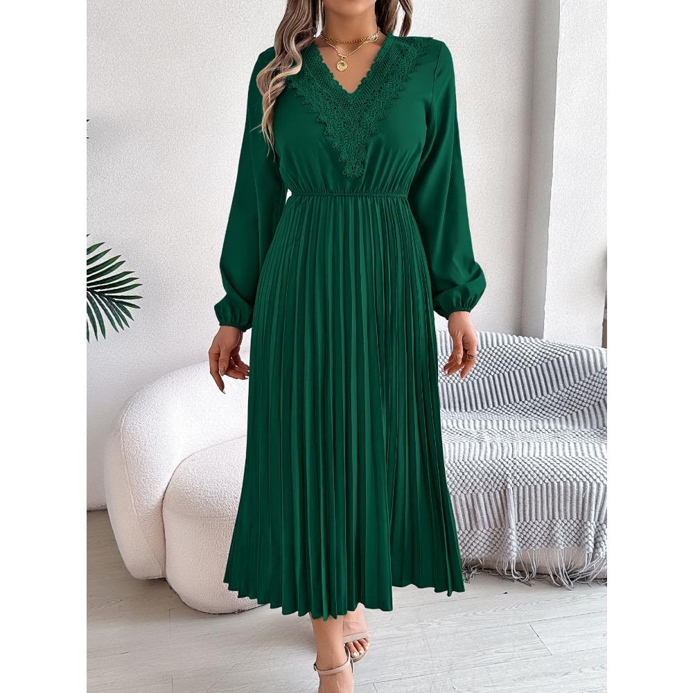 Spring and Summer Elegant Temperament V-neck Lace Waisted Pleated Long Women's Dresses Long Skirts