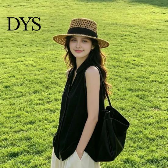 Elegant Vintage Sun Hat Women Straw Hat, with Satin Ribbon Decor, Wide Brim Foldable Travel Beach Breathable Flat Top for Summer Vacation Cap