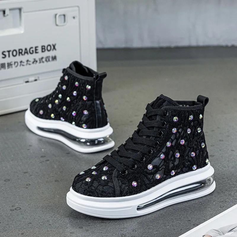 Fashion 4.5CM Women Summer Air Mesh Shoes Mules Shoes Bling Diamond Lace Platform Wedge Microfiber Platform Wedge Hollow Slides Sandals