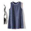 Super White Navy Blue Vest Dress! Elegance Women's Large Rhinestone Round Neck Small A- Line Woolen Dress Fall and Winter