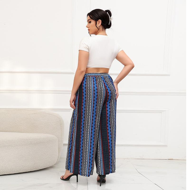 Summer Women's Pants Plus Size Wide Leg Pants Bohemian Style Striped Blue Elastic Waist Pants Seaside Vacation Beach Pants