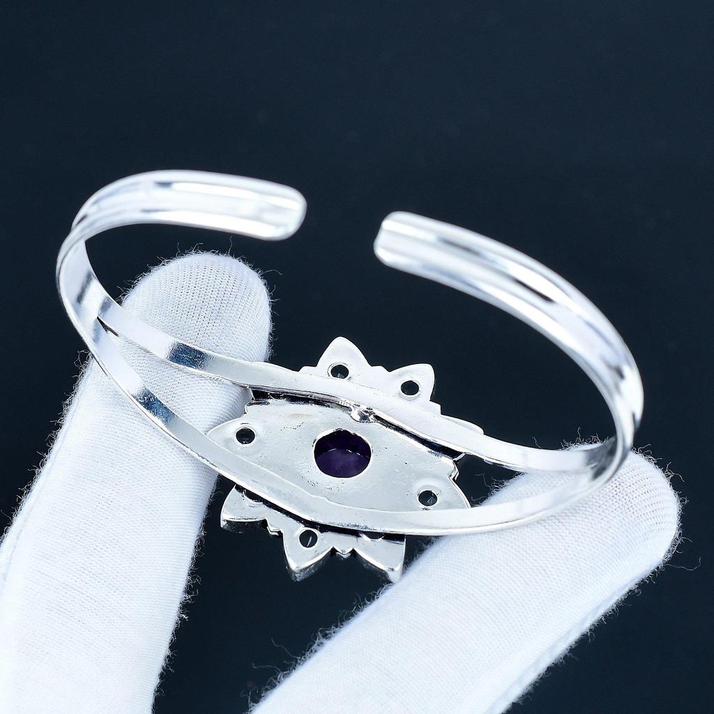 Натуральный Аметист Драгоценный Камень Ручной Работы Манжета Браслет 925 Стерлинговое Серебро Манжета Браслет, Белый Топаз Форма Цветка Браслет Для Жены, Унисекс Браслет