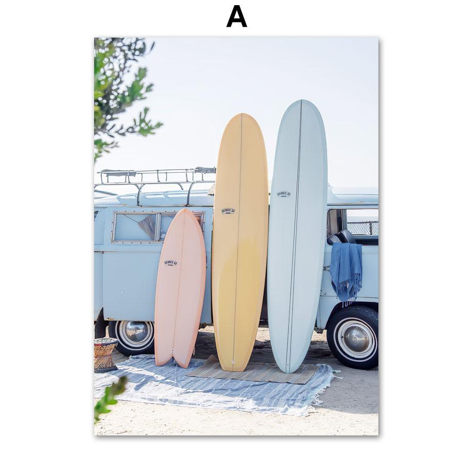 Фламинго Доска для серфинга Пляж Океан Волны Ракушка Настенная живопись Холст Картина Тропические постеры и принты Настенные картины для домашнего декора