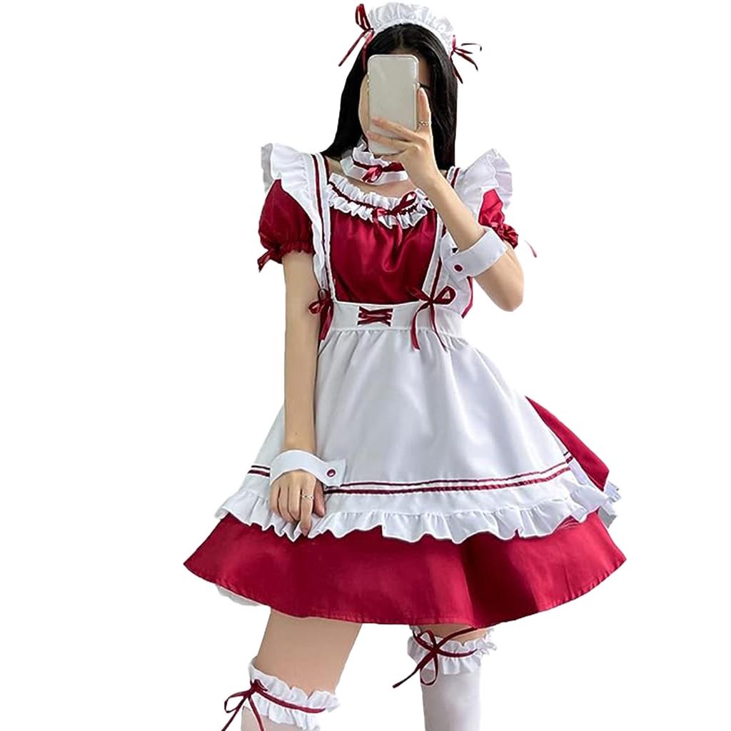 Maid Costume Ruffle Frill Trim Cute Bow Apron Dress Cosplay Makeup Outfit with Headwear Neck Leg