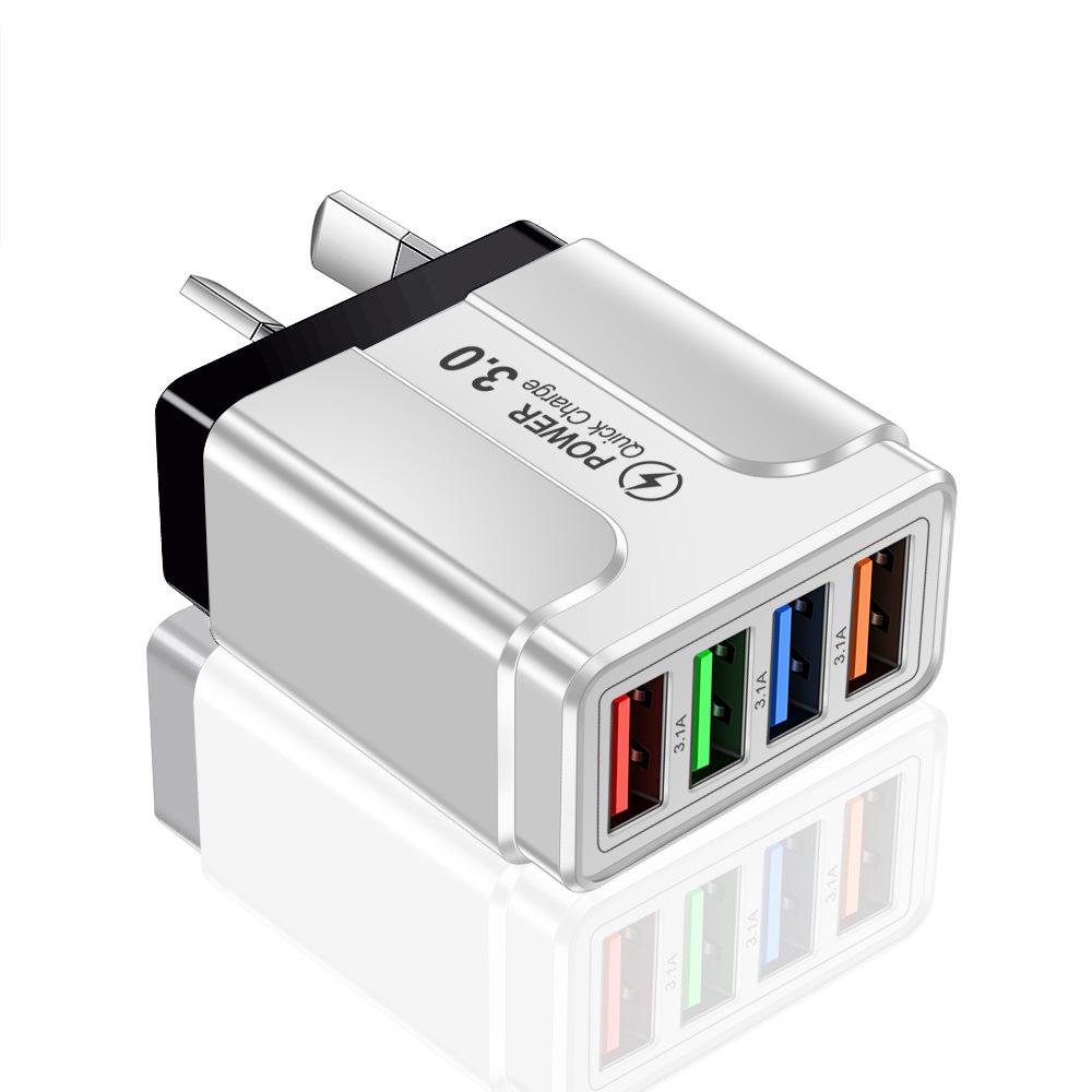Цветное 4-портовое USB-зарядное устройство 3A для мобильных телефонов и планшетов, совместимое со стандартами ЕС, США, Великобритании и Австралии