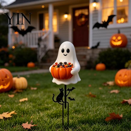 Decorative Soil Insert Signs Halloween Ghost Candy Bowl Garden Stake, 2D Flat Pumpkin Holder with Cat Decor And Bats, Trick or Treat Yard Art