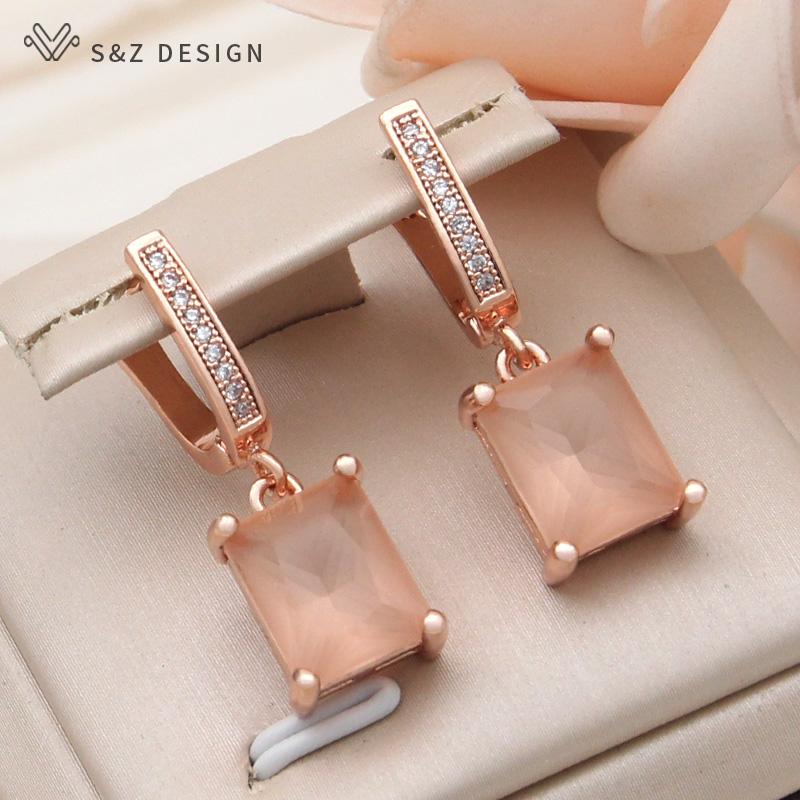 Fashion Cubic Zirconia Rectangle Drop Earrings For Women Elegant Rose Gold Color Jewelry Daily Accessories