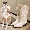 Fashion Beige Western Cowboy Embroidery Boots Women's Retro Pointed Toe Block Heel Boots Woman Knee-high Splicing V-Shape Half Boot Shoe