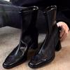 Версия из мягкой кожи~ Темпераментные ботильоны на высоком каблуке с французским квадратным носком, женские кожаные ботильоны в британском стиле, ретро, эластичные ботильоны с задней молнией