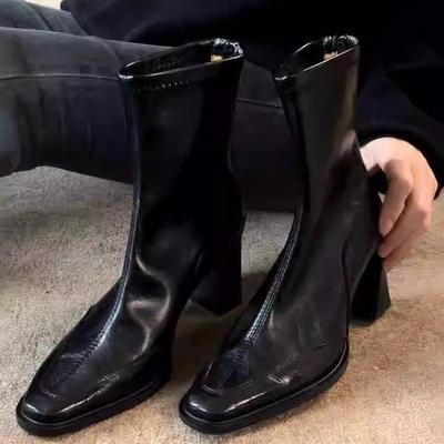 Версия из мягкой кожи~ Темпераментные ботильоны на высоком каблуке с французским квадратным носком, женские кожаные ботильоны в британском стиле, ретро, эластичные ботильоны с задней молнией
