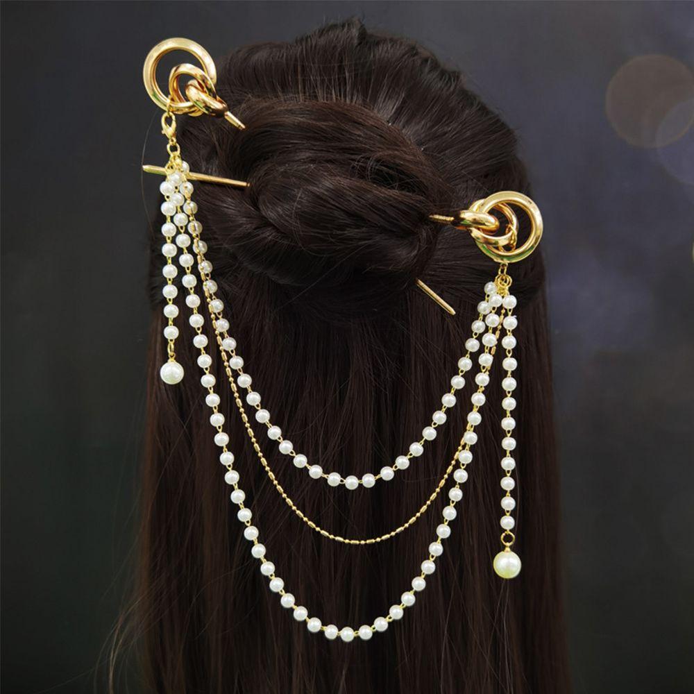 Fashion Pearl Tassel Hair Accessories Headdress Double Strand Hairpins Hair Fork Hair Sticks