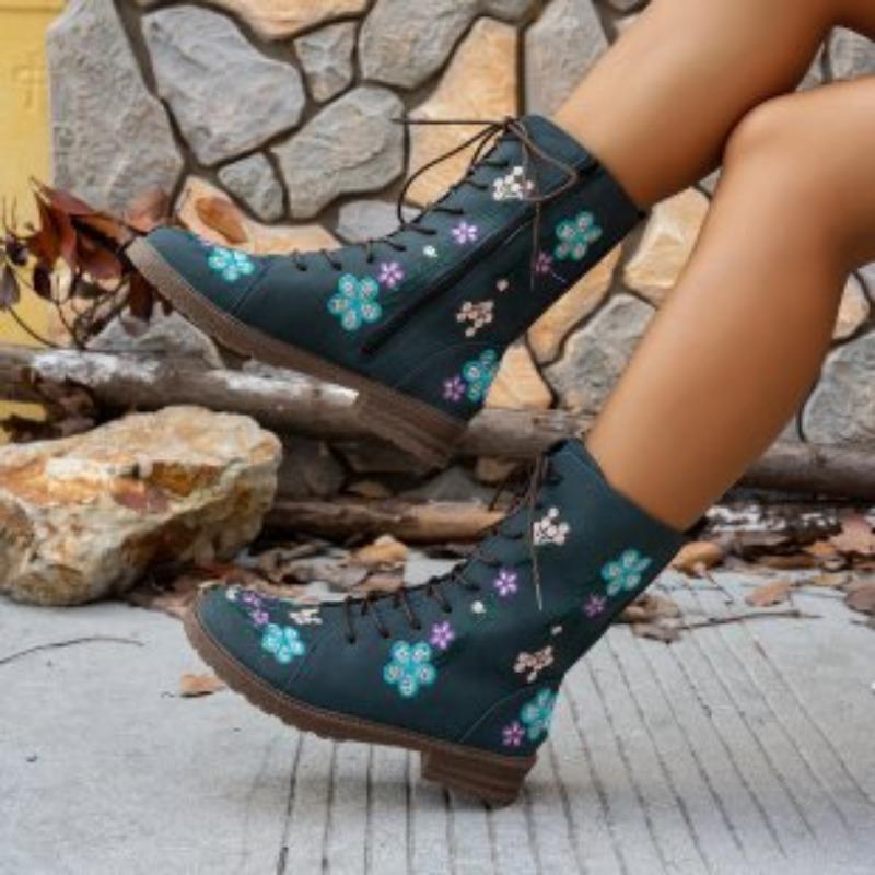 Ботинки мартинс зима новые круглый носок толстый каблук шнуровка вышитые женские ботинки большой размер женская обувь