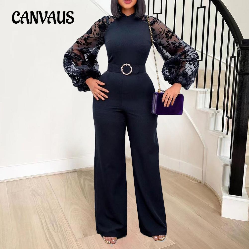 Весенне-осенний женский комбинезон с воротником-стойкой и сетчатыми рукавами-фонариками, тонкий комбинезон большого размера с широкими штанинами и поясом